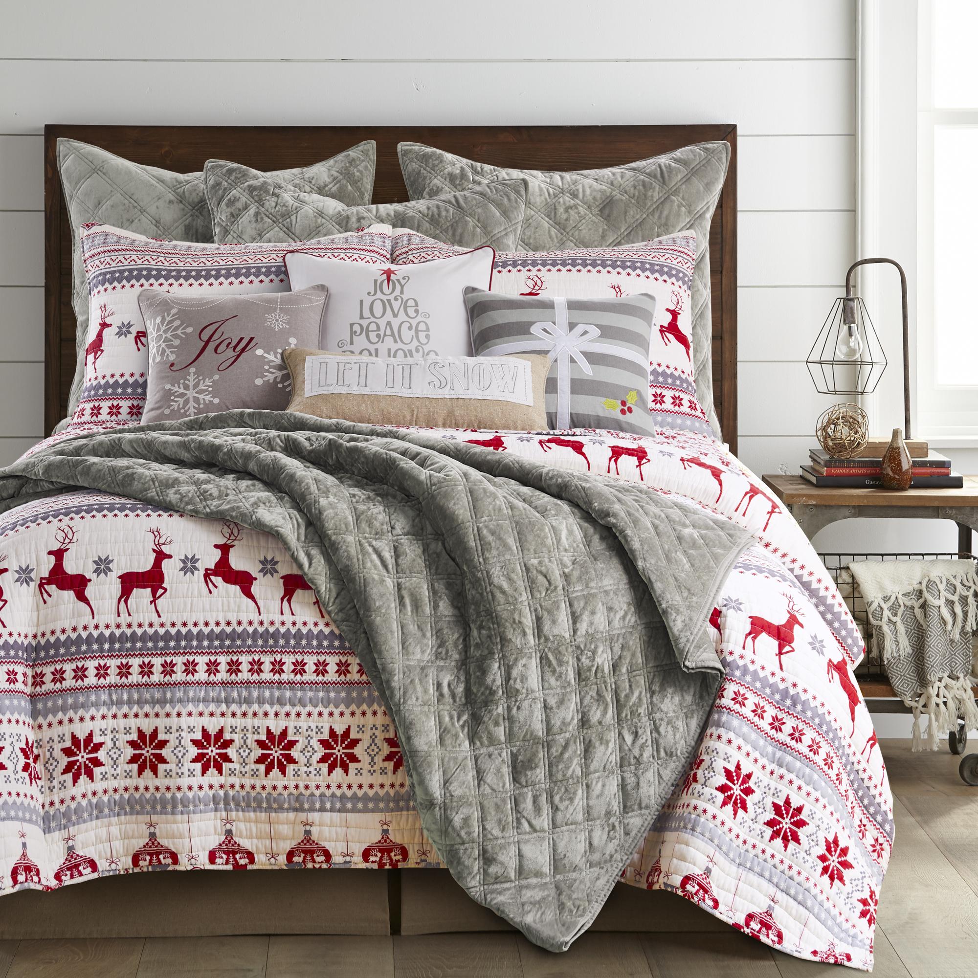 levtex home silent night full/queen quilt set, red/grey/white, cotton christmas holiday
