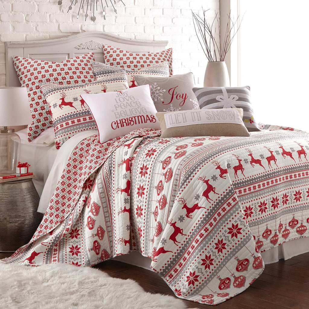 levtex home silent night full/queen quilt set, red/grey/white, cotton christmas holiday