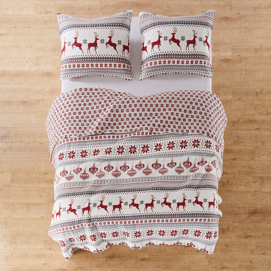 levtex home silent night full/queen quilt set, red/grey/white, cotton christmas holiday