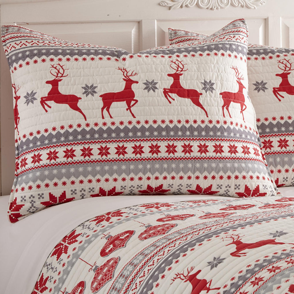 levtex home silent night full/queen quilt set, red/grey/white, cotton christmas holiday