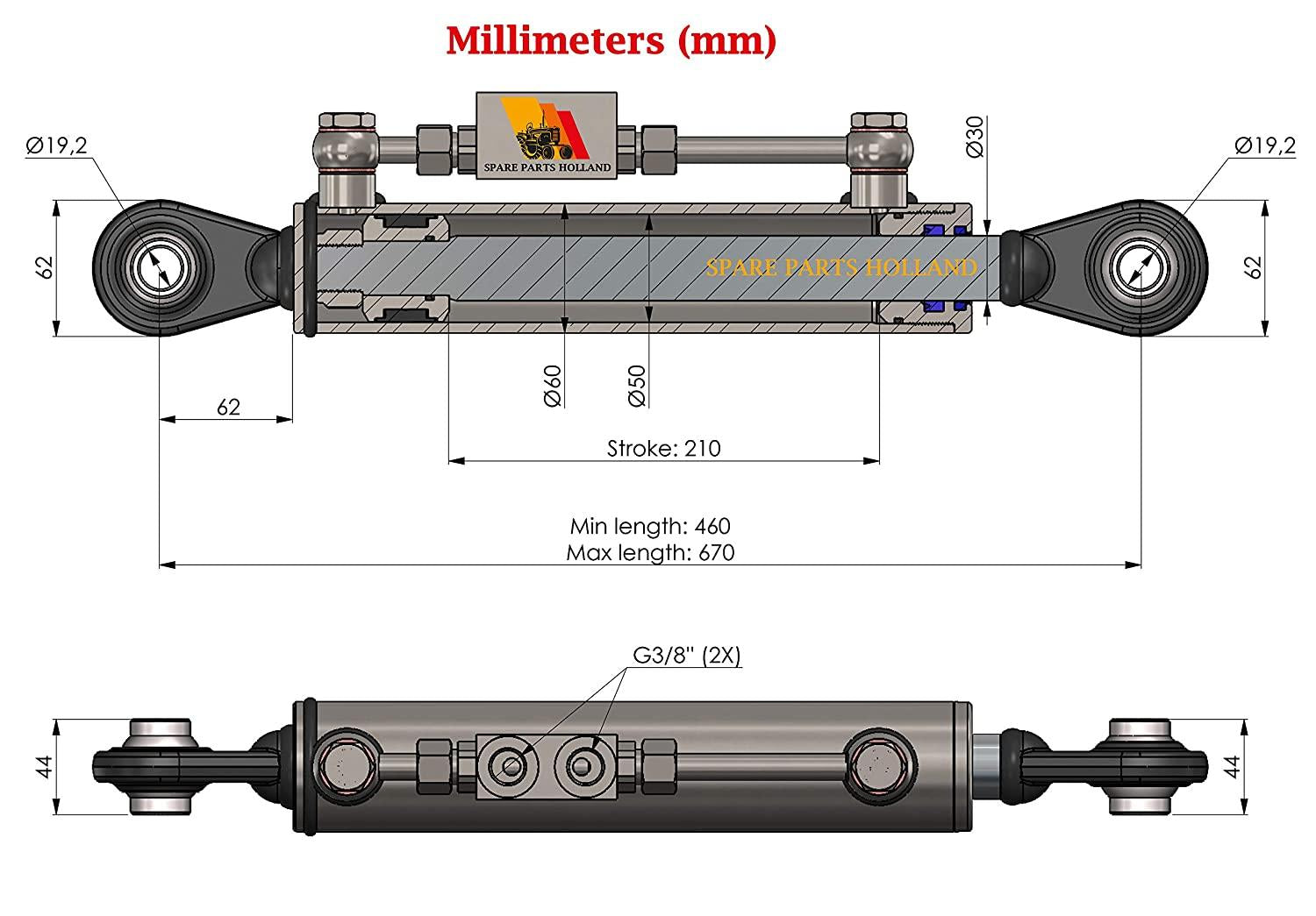 hydraulic top link cat. 1-1 with locking block 18 1/8” - 26 3/8” with 2 x hose