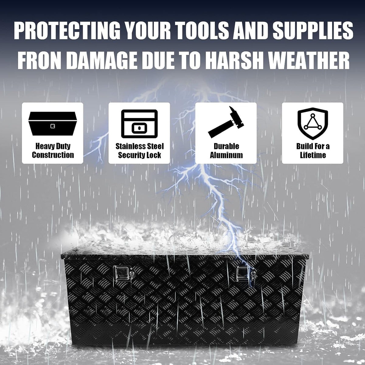 48 Inch Heavy Duty Aluminum Stripes Plated Tool Box Pick Up Truck Bed RV Trailer Toolbox Square StoraOrganizer with Side Handle, Lock and Keys, Waterproof -48"x 19.5"x 17.5"，Black