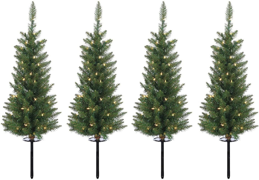 Set of 4 Lighted 3 Feet High Christmas Pathway Trees with Yard Stakes - Battery Operated with Timer and Functions