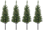 Set of 4 Lighted 3 Feet High Christmas Pathway Trees with Yard Stakes - Battery Operated with Timer and Functions
