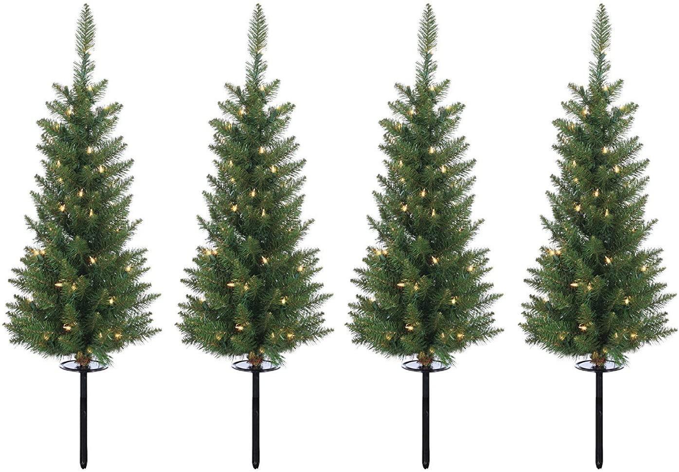 Set of 4 Lighted 3 Feet High Christmas Pathway Trees with Yard Stakes - Battery Operated with Timer and Functions