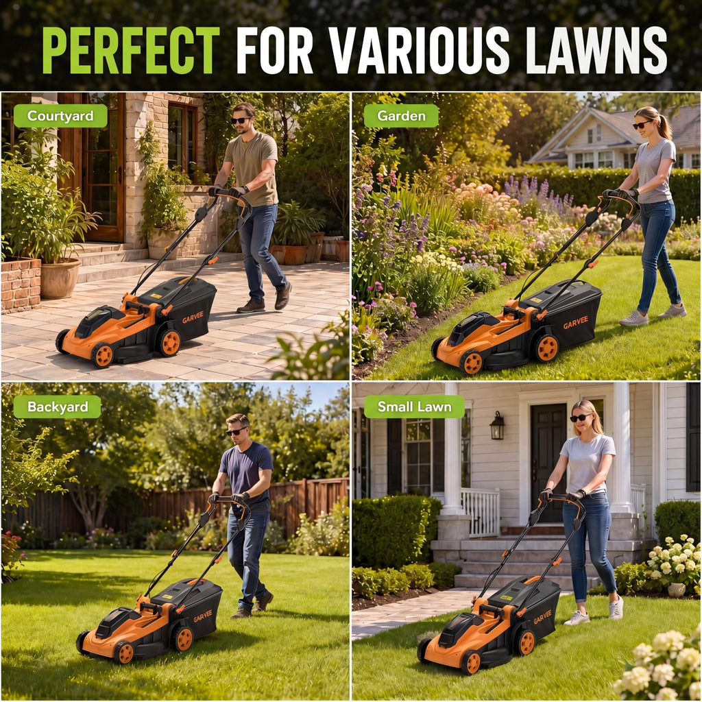 Cordless Lawn Mower, 17-Inch Battery Powered Electric Push Mower, 2-in-1 Mulching &amp; Bagging, 6 Cutting Heights, 40L Grass Bag, Lightweight Walk-Behind Mower for Small to Medium Yards, Orange