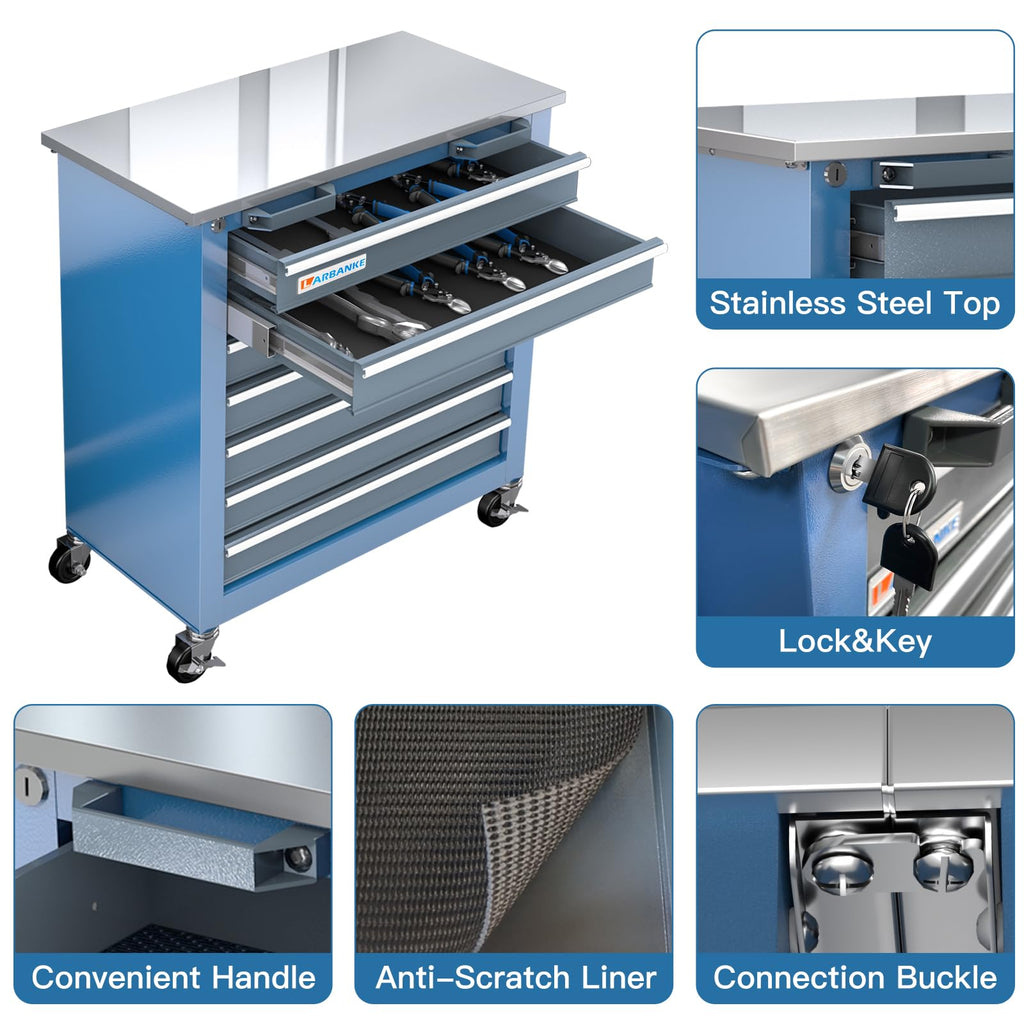 20 Drawer Rolling Tool Chest Combo,Tool Cabinet with  Countertop, Modular Tool Chest with LocDrawers and Connection Parts, 360° Swivel BraWheels & Padded Feet, Blue