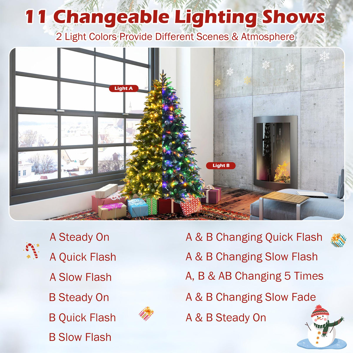 6ft Pre-Lit Snowy Christmas Hinged Tree 11 Flash Modes w/ 350 Multi-Color Lights