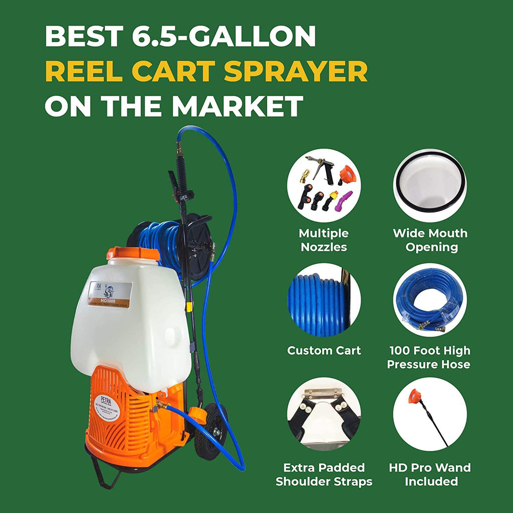 petratools battery backpack sprayer with custom fitted cart and 100 foot commercial hose, 2 hoses included, commercial quality heavy duty sprayer (hd5000 6.5-gallon with reel cart)