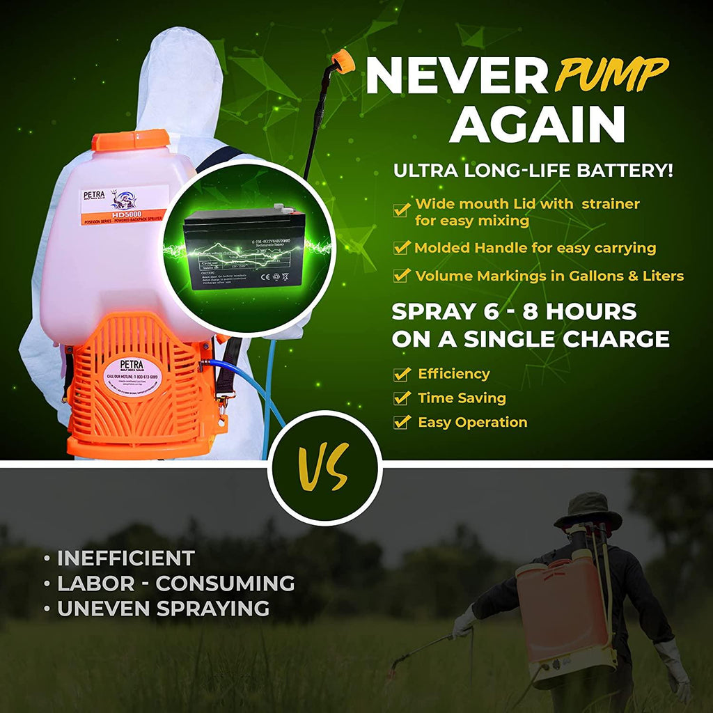 petratools battery backpack sprayer with custom fitted cart and 100 foot commercial hose, 2 hoses included, commercial quality heavy duty sprayer (hd5000 6.5-gallon with reel cart)