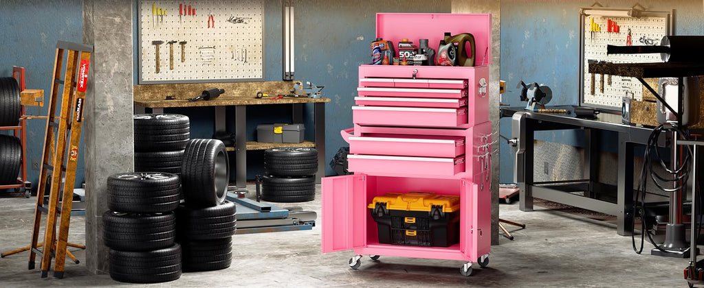 Heavy-Duty 8-Drawer Rolling Tool Chest & Cabinet Combo with Black Liner – Lockable Steel GaraTool Box on Wheels – Detachable Top Toolbox & Bottom StoraCart with Side Hooks, Pink