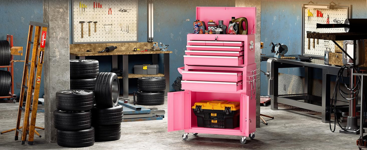 Heavy-Duty 8-Drawer Rolling Tool Chest & Cabinet Combo with Black Liner – Lockable Steel GaraTool Box on Wheels – Detachable Top Toolbox & Bottom StoraCart with Side Hooks, Pink