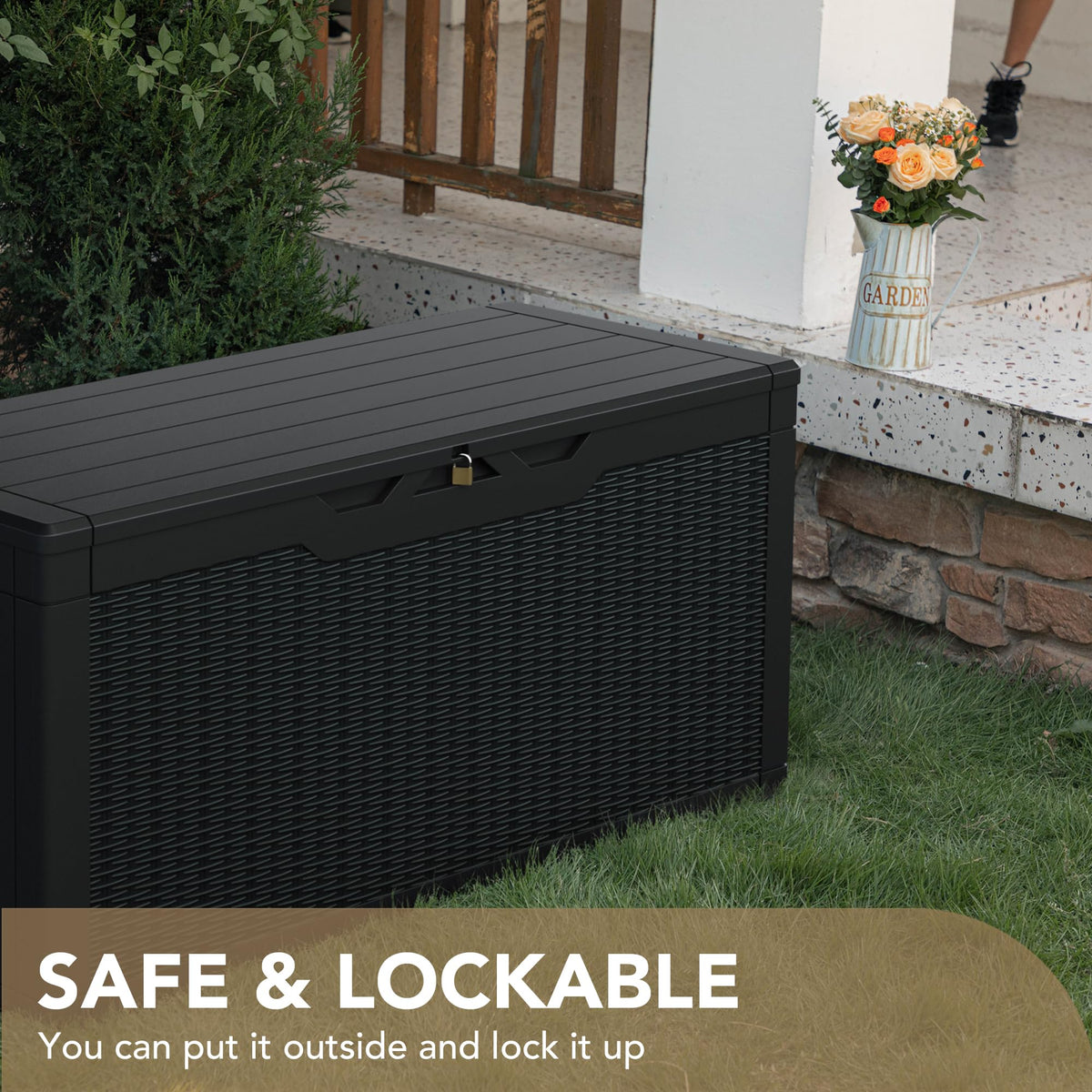 100 Gallon Waterproof LarResin Deck Box Indoor Outdoor Lockable StoraContainer for Patio Furniture Cushions Garden Tools (100 Gallon, Black)