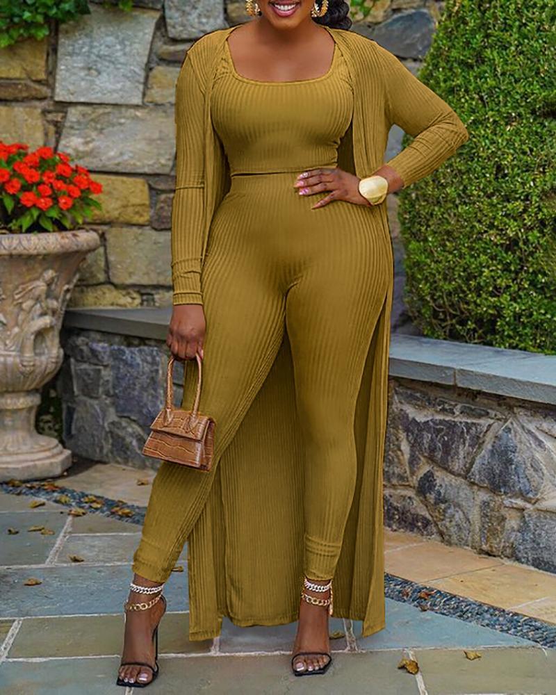 sleeveless crop top &amp; pants set with longline coat