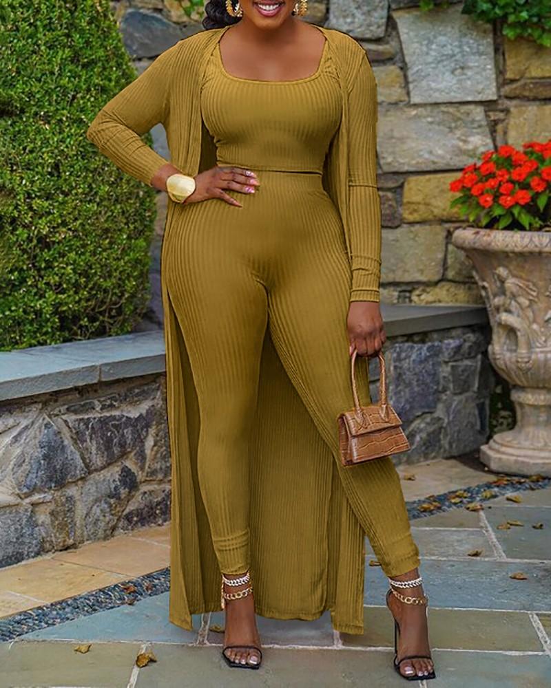 sleeveless crop top &amp; pants set with longline coat
