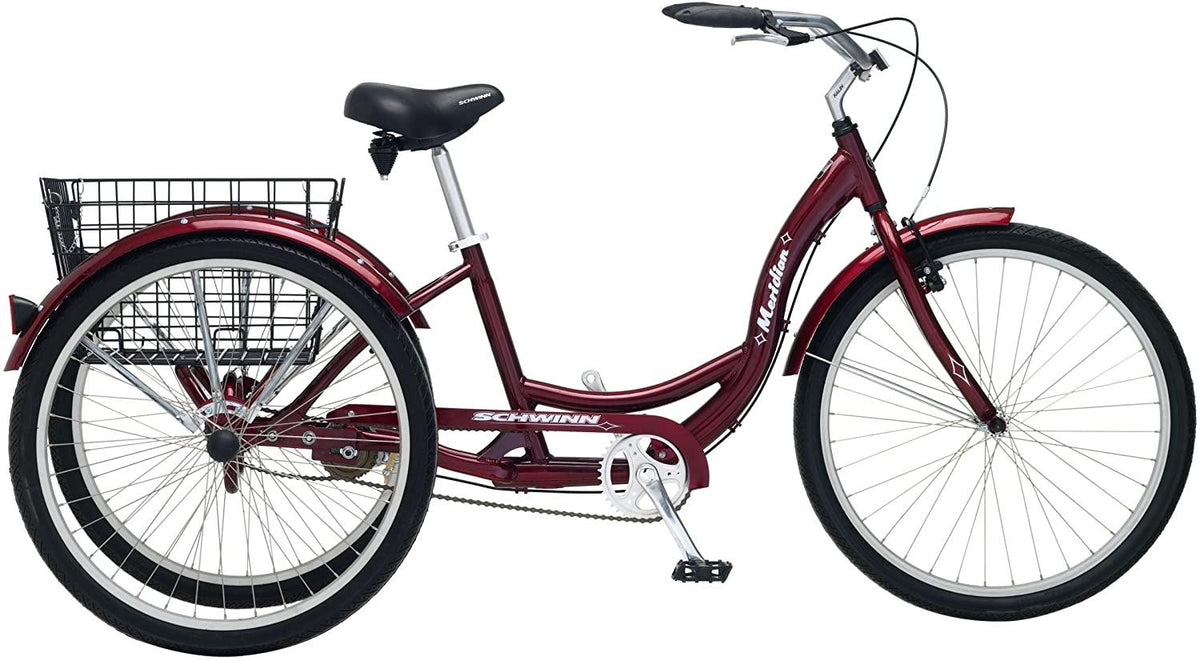 Schwinn Meridian Adult Tricycle, Three Wheel Cruiser Bike, 24 - 26-Inch Trike Wheels, Cargo Basket, Adjustable Handlebars, Multiple Colors