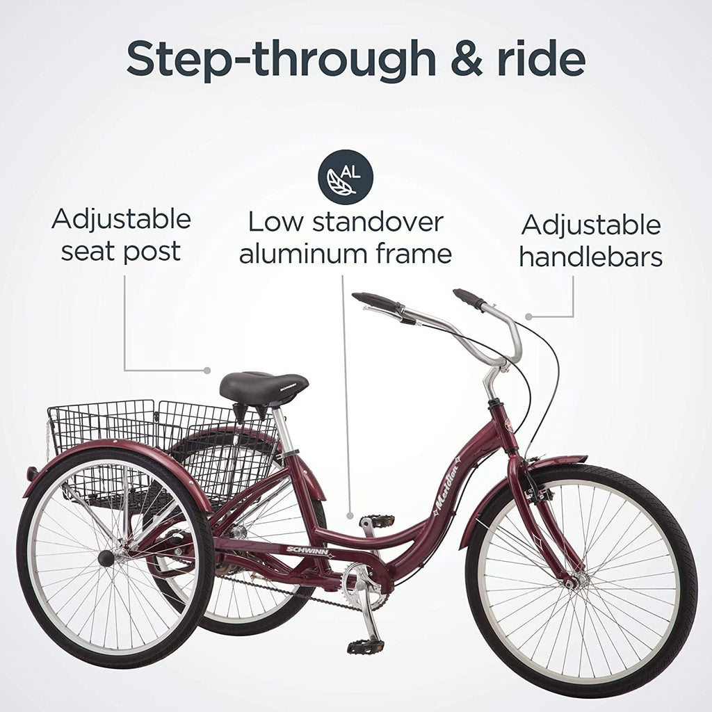 Schwinn Meridian Adult Tricycle, Three Wheel Cruiser Bike, 24 - 26-Inch Trike Wheels, Cargo Basket, Adjustable Handlebars, Multiple Colors