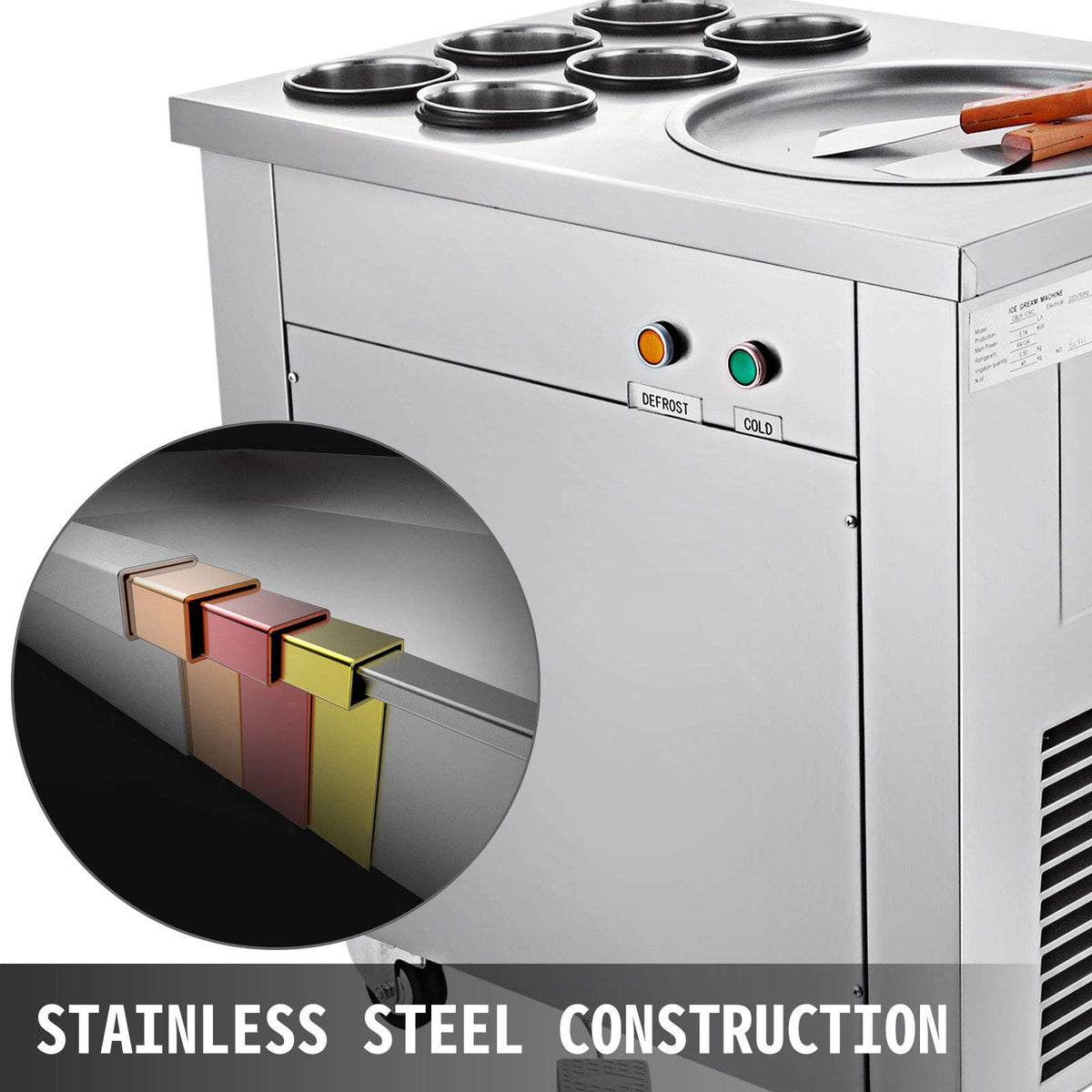 Commercial Ice Roll Maker, 13.7" Pan Diameter 740W Ice Cream Maker, 6 Buckets Fried Yogurt Cream Machine, with Food Shovels Perfect for Bars, Cafés, Dessert Shops