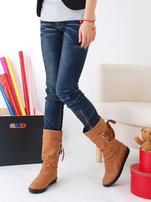 2021 Casual Big Size Pure Color Lace Up Mid Calf Flat Knight Boots