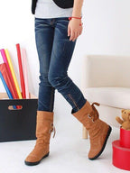 2021 Casual Big Size Pure Color Lace Up Mid Calf Flat Knight Boots
