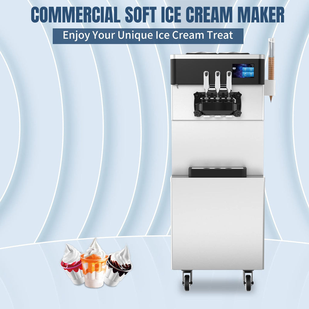 Commercial Ice Cream Machine - 110V 2450W 3 Flavors Soft Serve Ice Cream Machine 5.3 to 7.4 Gallons/H Auto Clean LCD Touch Screen Ideal Soft Serve Maker for Snack Restaurants Bars