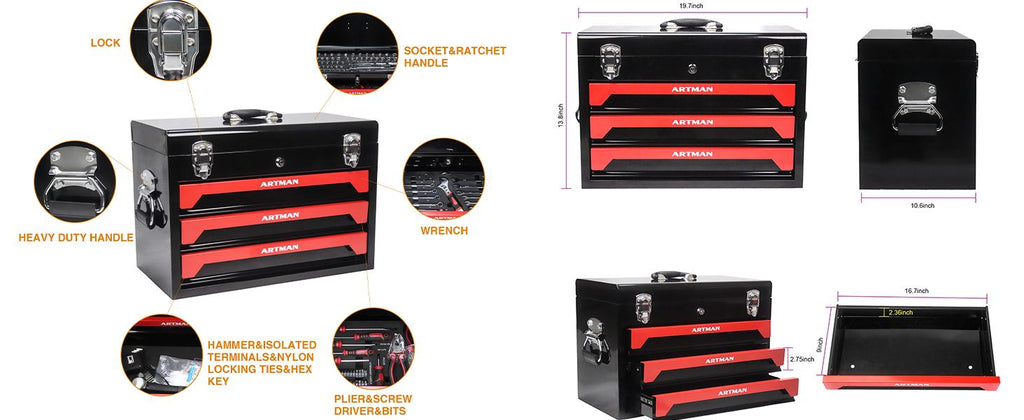 439PCS Tool Set, Mechanic Tool Set for Home, Tool Box Set 4-Tier Socket Wrench Ratchet Plier Nails, Home Tool Set Mechanics Kit with 3 Drawers Organizer for Adults Man Handyman, Red
