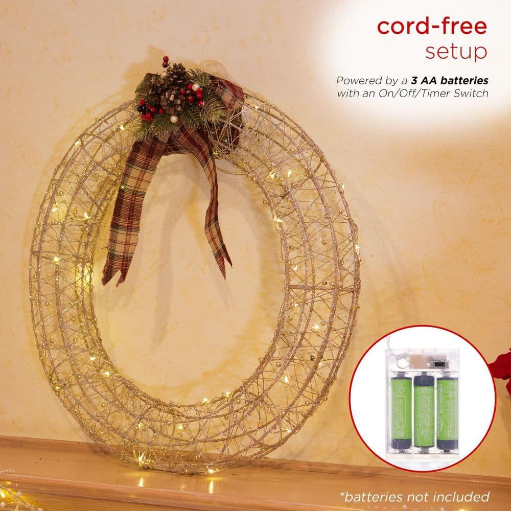 Hanging Christmas Wreath Decoration with Warm White LED Lights, Gold