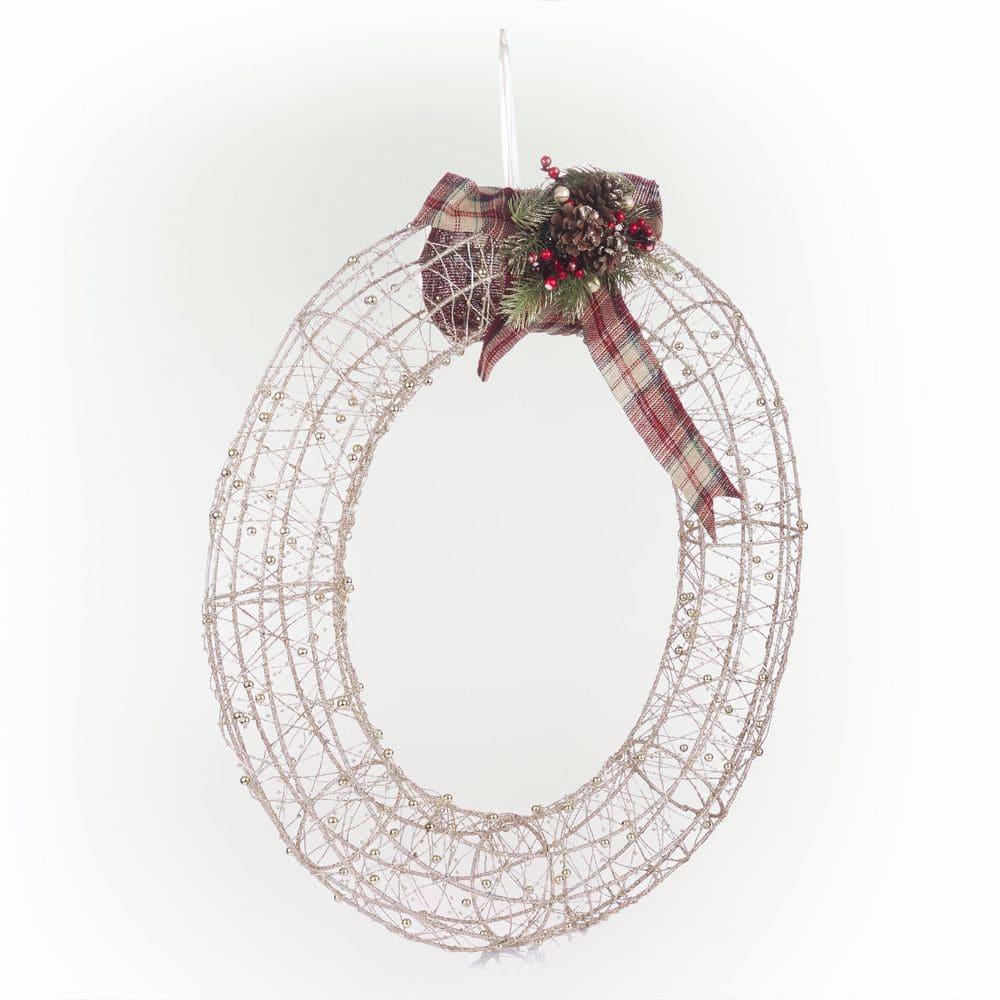 Hanging Christmas Wreath Decoration with Warm White LED Lights, Gold