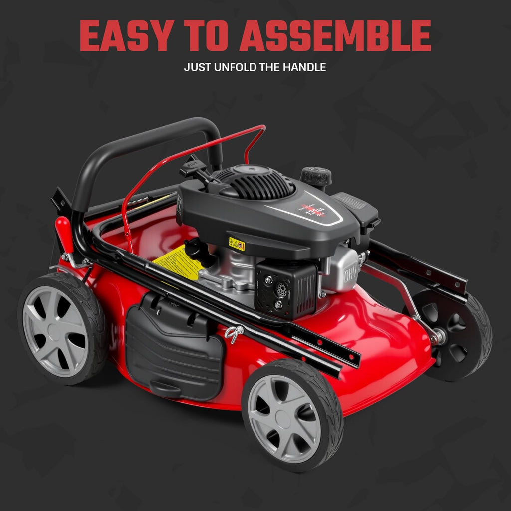 131cc Foldable Gas Lawn Mower, Self-Propelled Rear-Wheel Drive, 18 Inch Cutting Width, 50L Grass Bag, 3-in-1 Mulching/Side Discharge/Rear-Bagging, Lightweight Push-Button Start Mower