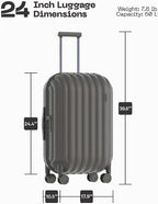 Hardside Lightweight Suitcase Luggage - Overhead Durable Travel Bag with Spinner Wheels,TSA Lock, Grey, Checked-Medium 24-Inch, 60L