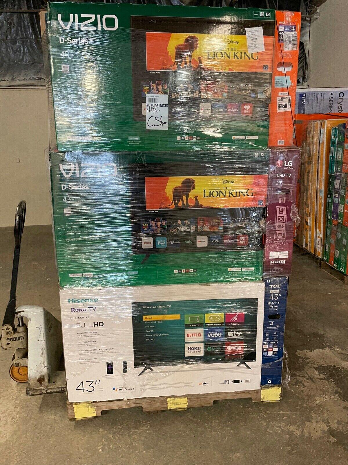 smart tv pallets samsung vizio lg tcl onn hi 86 85 82 75 70 65 55 various sizes