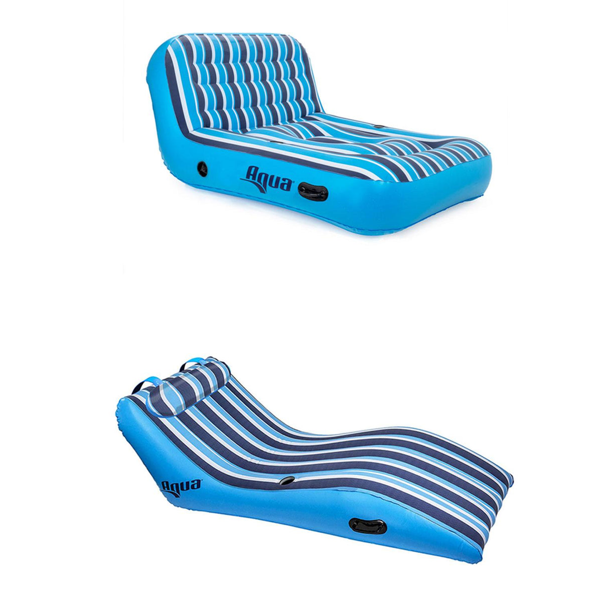 Aqua Ultra Cushioned Comfort Lounge Inflatable Swimming Pool Float with Pillow &amp; 2 Person Pool Float Recliner Lounger Set, Blue