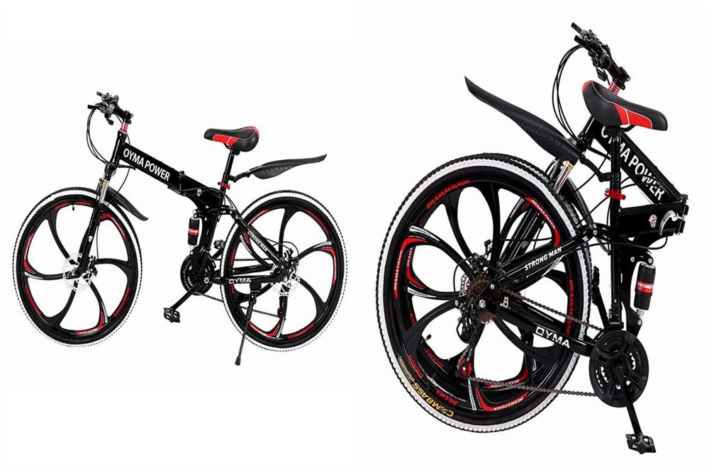 Guangtailian Outroad Folding Mountain Bike 6-Spoke 21-Speed 26-inch Wheel Double Disc Brake Full Suspension Anti-Slip Black-Red Man Women