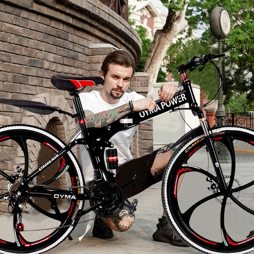 Guangtailian Outroad Folding Mountain Bike 6-Spoke 21-Speed 26-inch Wheel Double Disc Brake Full Suspension Anti-Slip Black-Red Man Women
