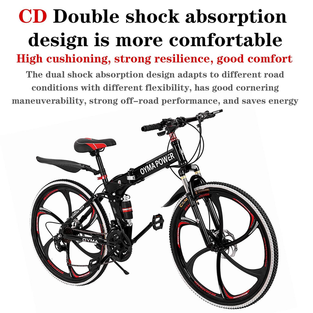 Guangtailian Outroad Folding Mountain Bike 6-Spoke 21-Speed 26-inch Wheel Double Disc Brake Full Suspension Anti-Slip Black-Red Man Women