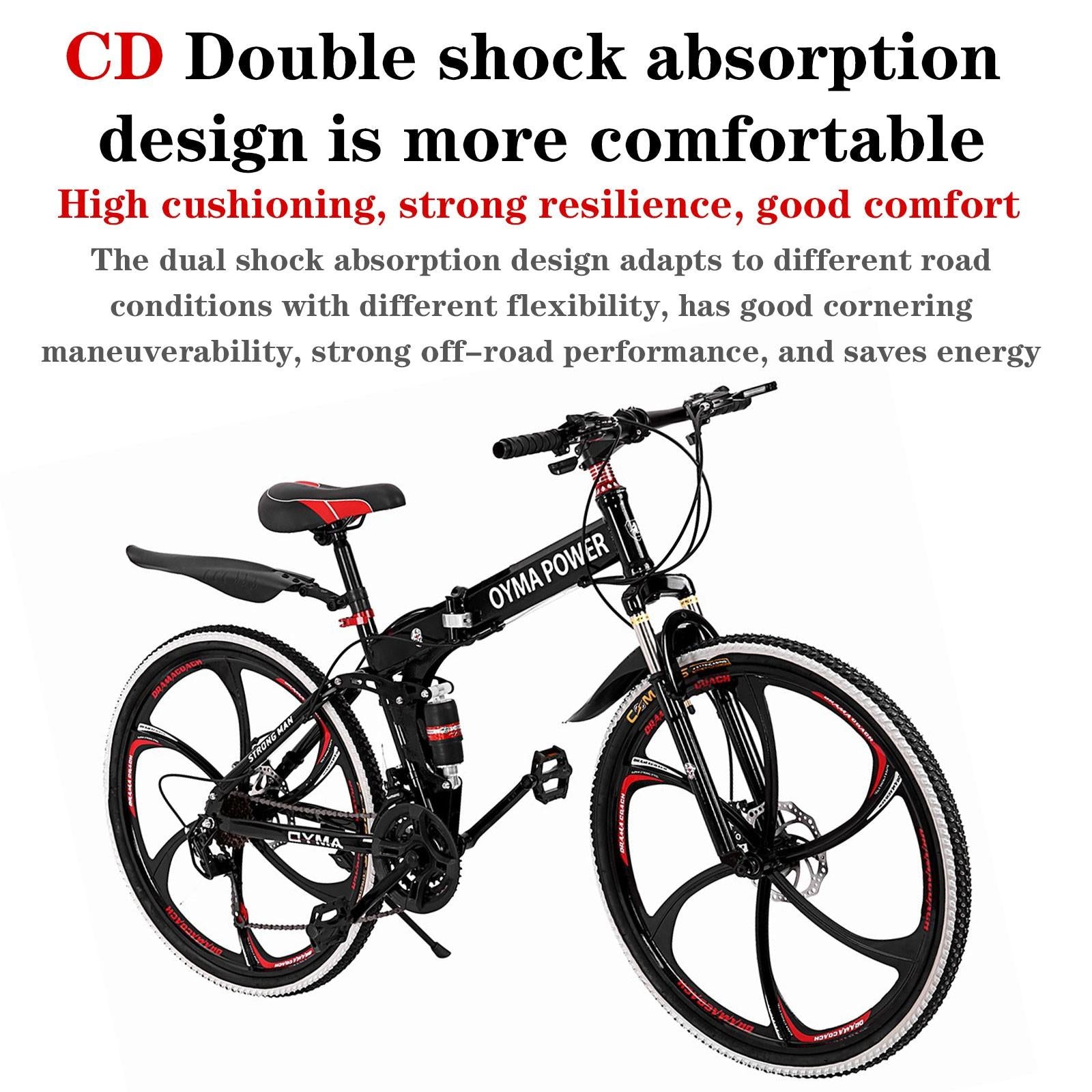 Guangtailian Outroad Folding Mountain Bike 6-Spoke 21-Speed 26-inch Wheel Double Disc Brake Full Suspension Anti-Slip Black-Red Man Women