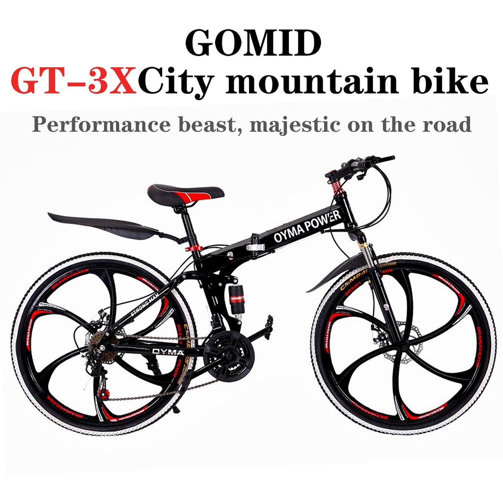 Guangtailian Outroad Folding Mountain Bike 6-Spoke 21-Speed 26-inch Wheel Double Disc Brake Full Suspension Anti-Slip Black-Red Man Women