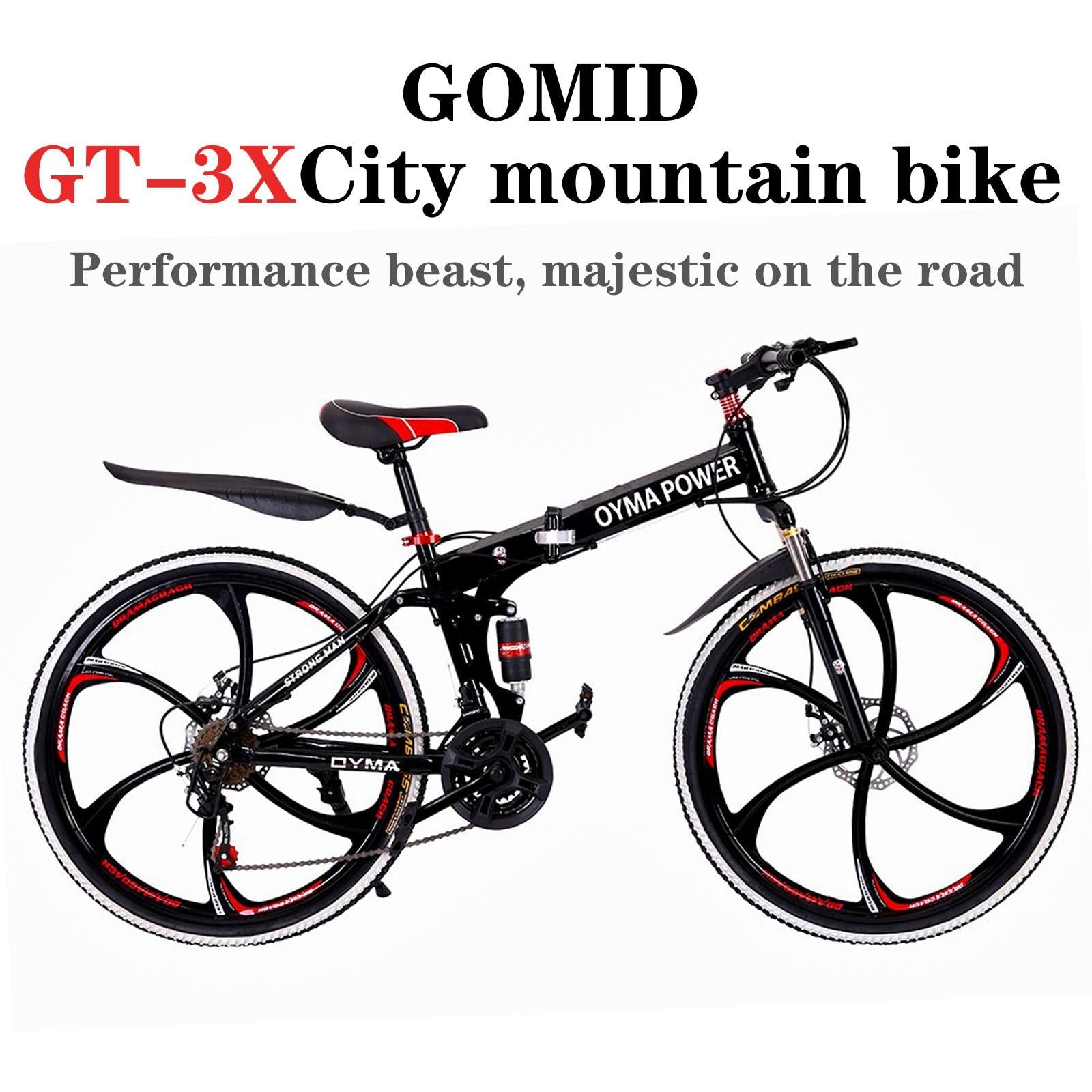 Guangtailian Outroad Folding Mountain Bike 6-Spoke 21-Speed 26-inch Wheel Double Disc Brake Full Suspension Anti-Slip Black-Red Man Women