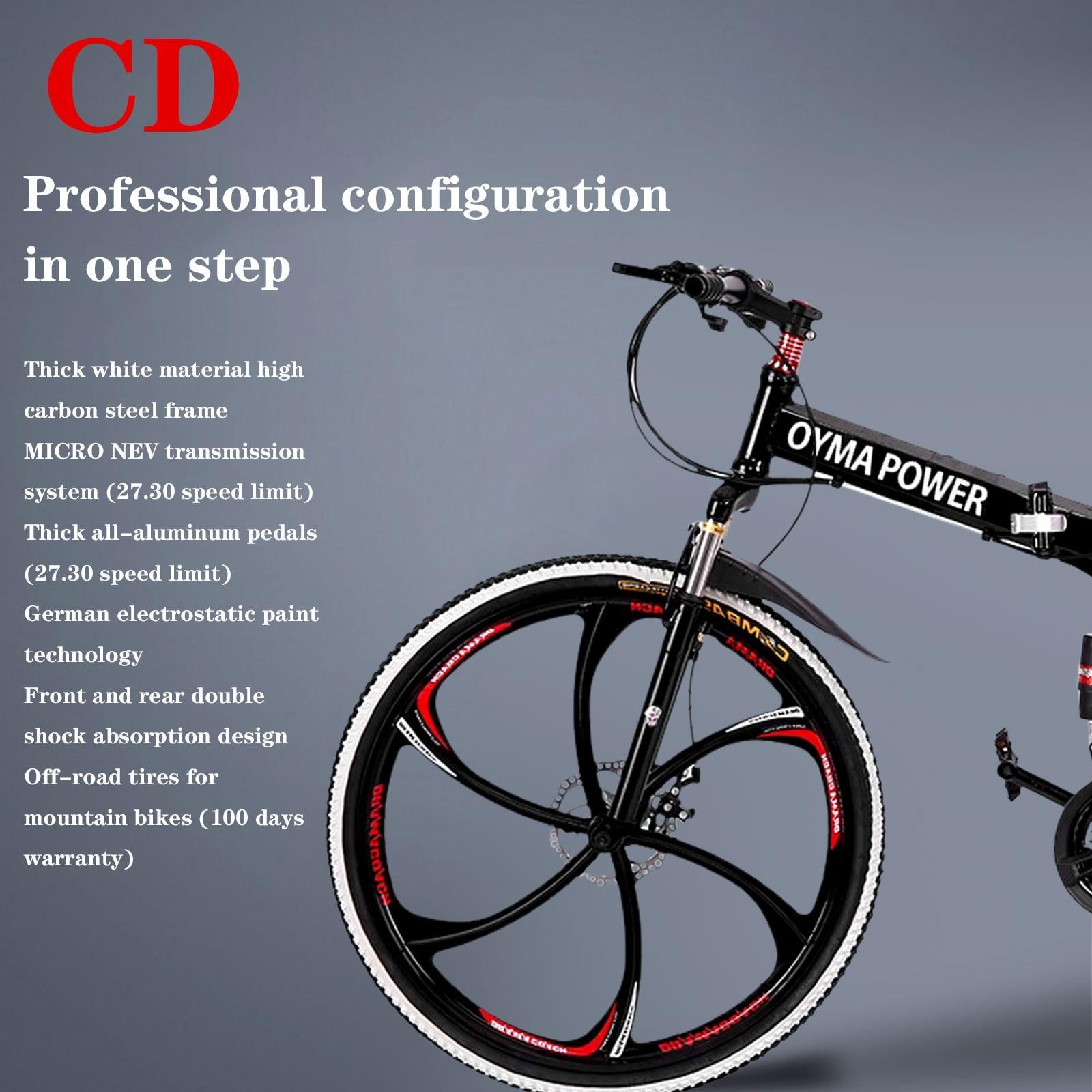 Guangtailian Outroad Folding Mountain Bike 6-Spoke 21-Speed 26-inch Wheel Double Disc Brake Full Suspension Anti-Slip Black-Red Man Women