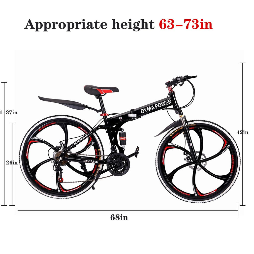 Guangtailian Outroad Folding Mountain Bike 6-Spoke 21-Speed 26-inch Wheel Double Disc Brake Full Suspension Anti-Slip Black-Red Man Women