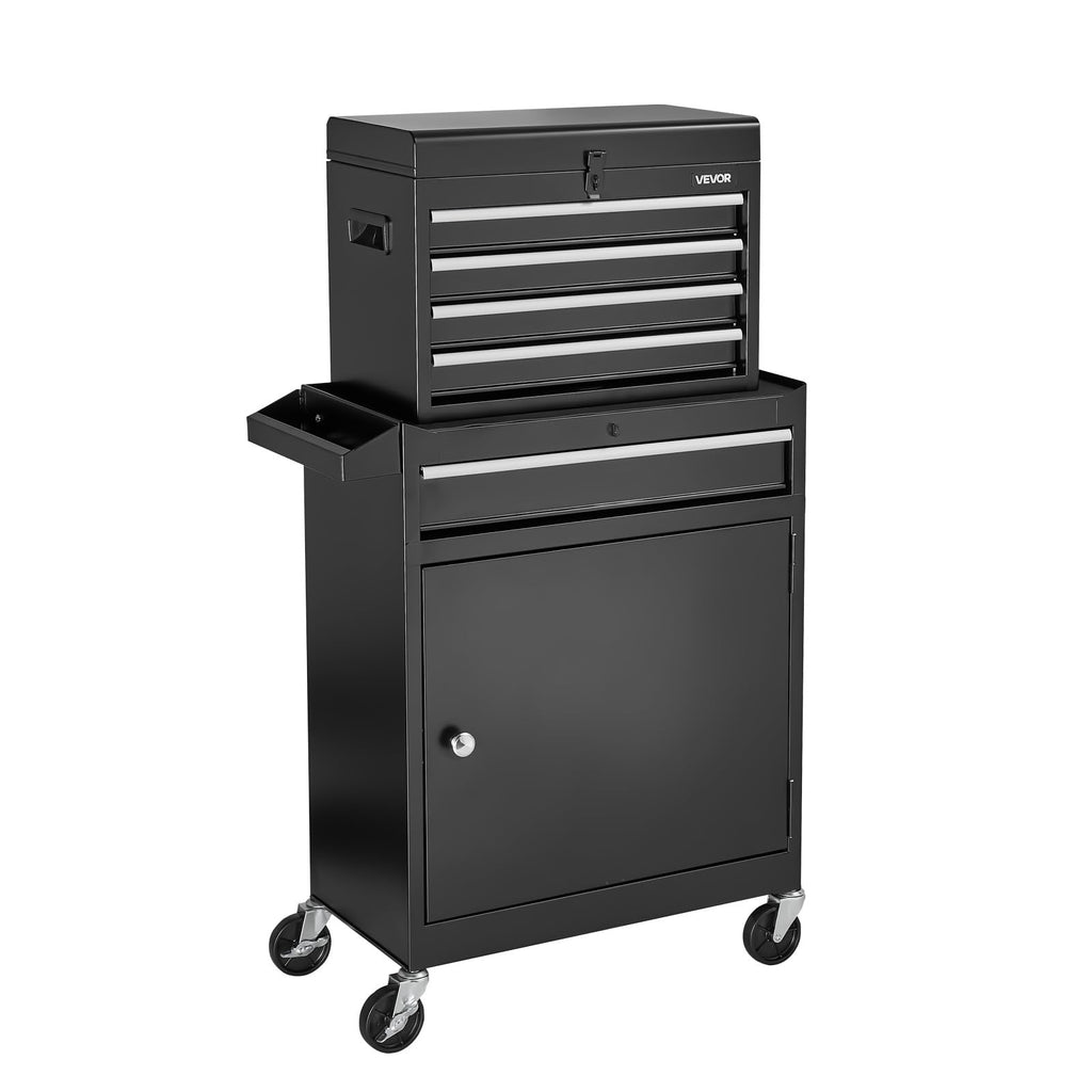 Rolling Tool Chest, 2-in-1 , 5 Drawers Tool Cabinet Organizer with Detachable Top Metal Toolbox, Lock Bar, Protective Liner, and Tools Rack, GaraStoraCabinet for Warehouse, Workshop