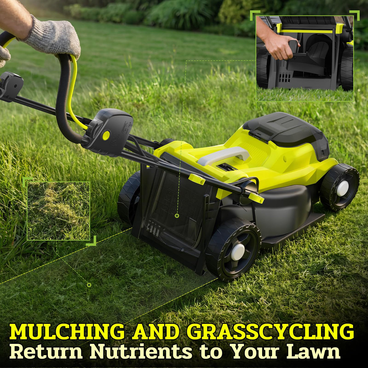 40V Electric Lawn Mower 16" Cordless Battery Powered Mower, 2 in 1 Mulching Lawnmower with 5-Position Height Adjustment 10.6 Gallon Bag, Small Push Lawn Trimmer, 2X4.0Ah Battery and 2 Chargers