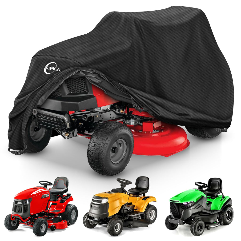 Riding Lawn Mower Cover 600D Heavy Duty Lawn Tractor Cover Waterproof, Universal Fit with 4 Buckles, 2 Drawstrings and StoraBag