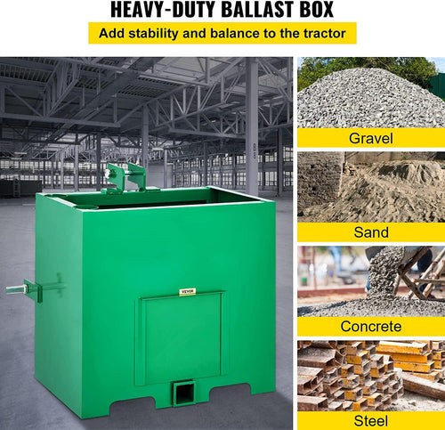 bestequip 3 point ballast box, 800lbs capacity hitch ballast box, standard 2'' hitch receiver, tractor ballast box with 5cu.ft volume, heavy duty steel, fits category 1 tractor attachment,green