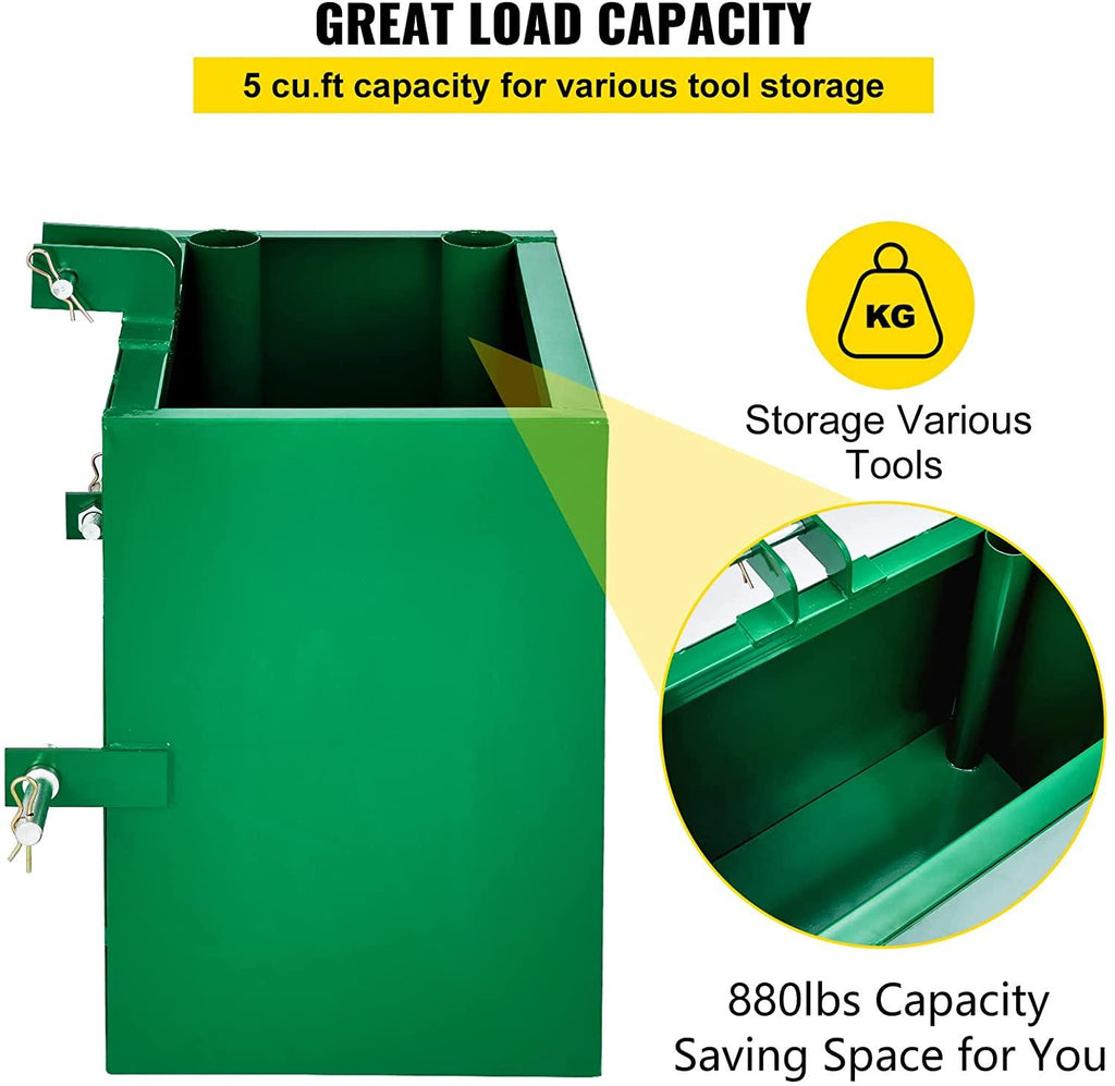 bestequip 3 point ballast box, 800lbs capacity hitch ballast box, standard 2'' hitch receiver, tractor ballast box with 5cu.ft volume, heavy duty steel, fits category 1 tractor attachment,green