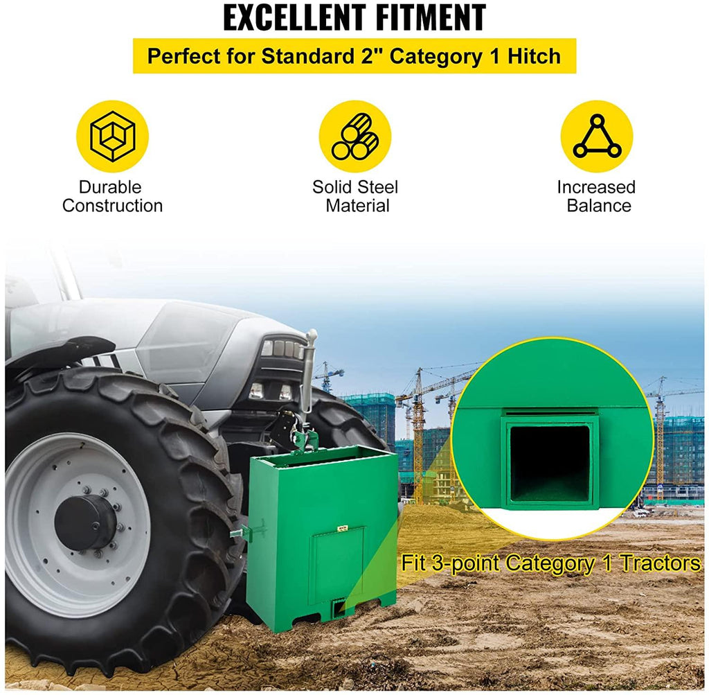 bestequip 3 point ballast box, 800lbs capacity hitch ballast box, standard 2'' hitch receiver, tractor ballast box with 5cu.ft volume, heavy duty steel, fits category 1 tractor attachment,green