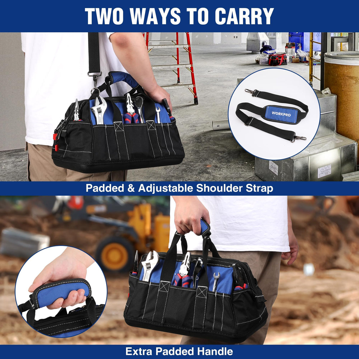 16-inch Wide Mouth Tool Bag with Water Proof Molded Base | Multi-Pocket, Heavy Duty Cloth, Adjustable Shoulder Strap, Double-pull Zipper, For Workshops, Outdoor Projects