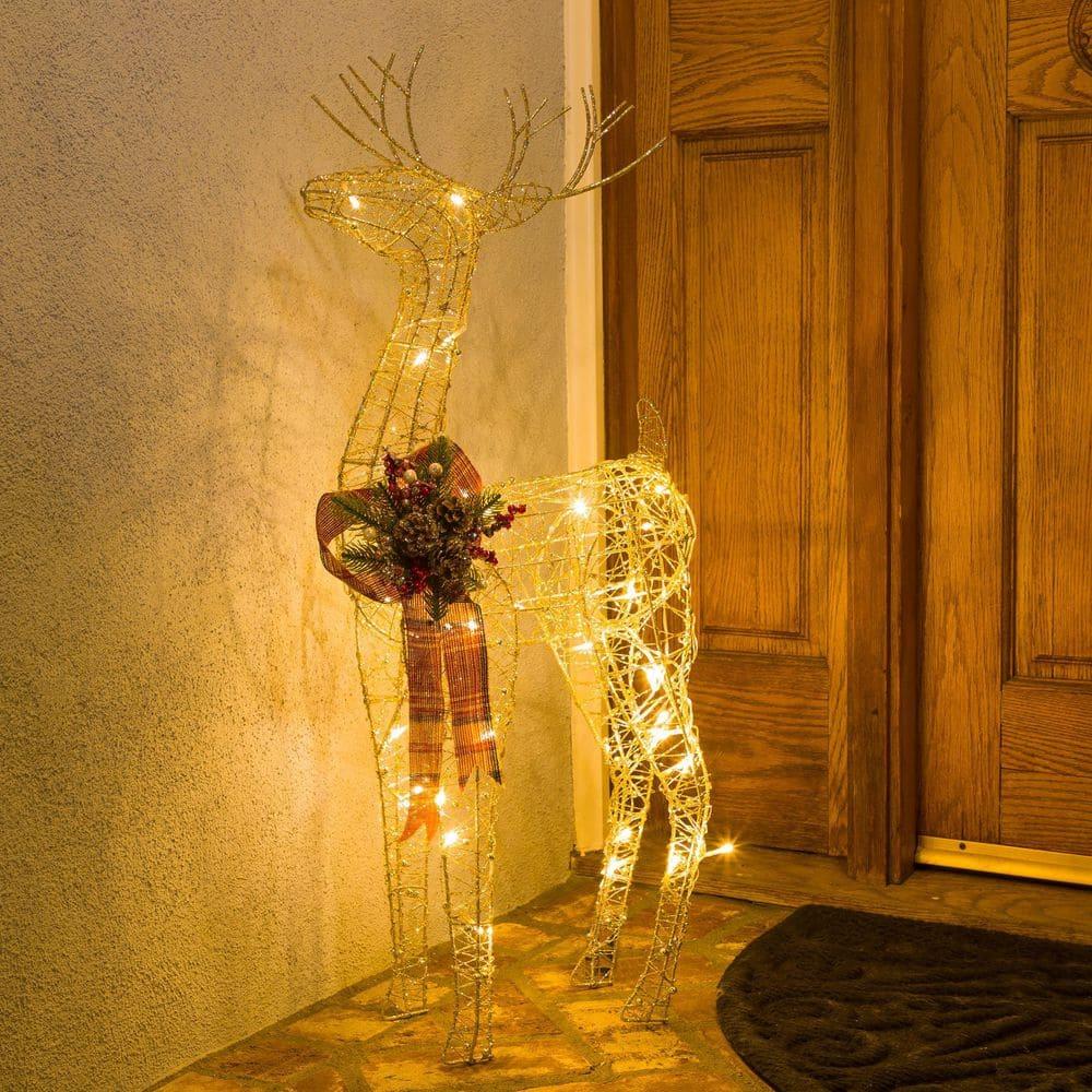 36 in. Gold Wire Christmas Reindeer Decor with White LEDs Large