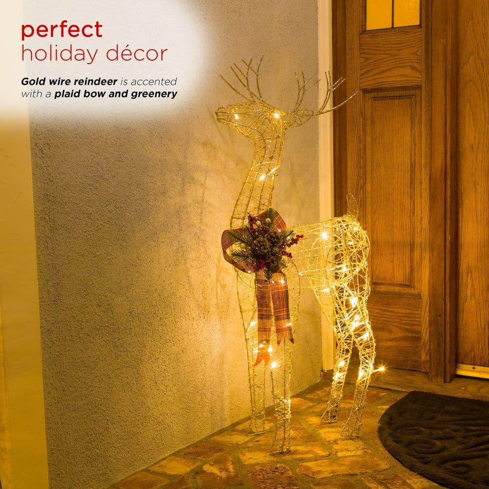36 in. Gold Wire Christmas Reindeer Decor with White LEDs Large
