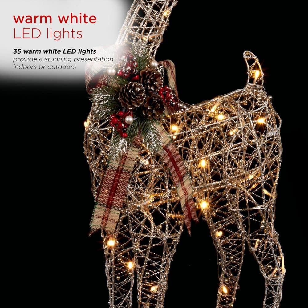 36 in. Gold Wire Christmas Reindeer Decor with White LEDs Large